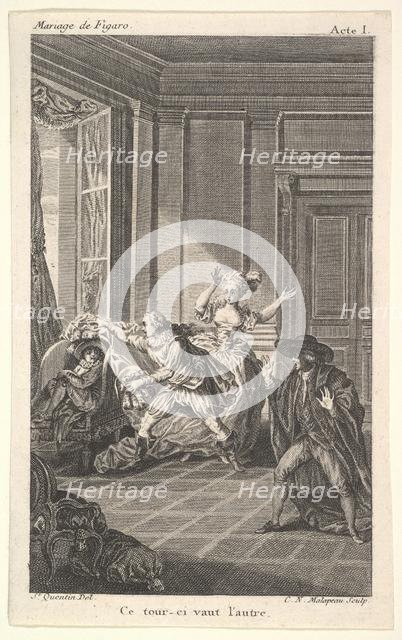 A man curled up in a chair looks toward another man who approaches him from the left i..., ca. 1784. Creator: Claude Nicolas Malapeau.