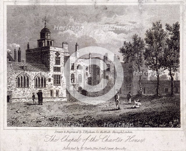 The chapel at Charterhouse with figures, Finsbury, London, 1817. Artist: Thomas Higham