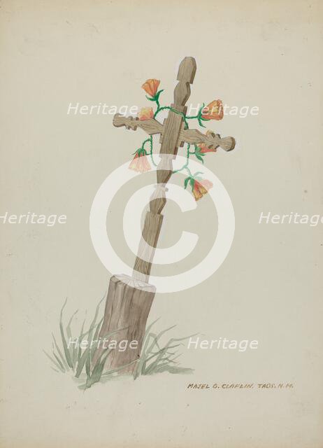 Wooden Cross used as Headstone, c. 1937. Creator: Majel G. Claflin.