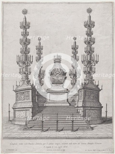 Catafalque for Pope Clement X; central structure at the top of a fifteen step platform, wi..., 1676. Creator: Giovanni Battista Falda.