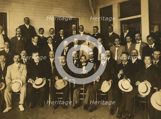 Komura and Takahira, with newspapermen, 1905. Creator: Unknown.