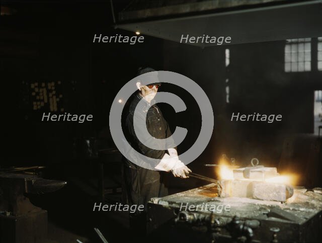 John Kelseh [i.e., Kelsch], blacksmith, at his forge..., Rock Island R.R., Blue Island, Ill., 1943. Creator: Jack Delano.