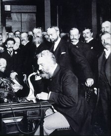 Alexander Graham Bell (USA, 1847-1922), engineer. Opening the phone line from New York to Chicago…