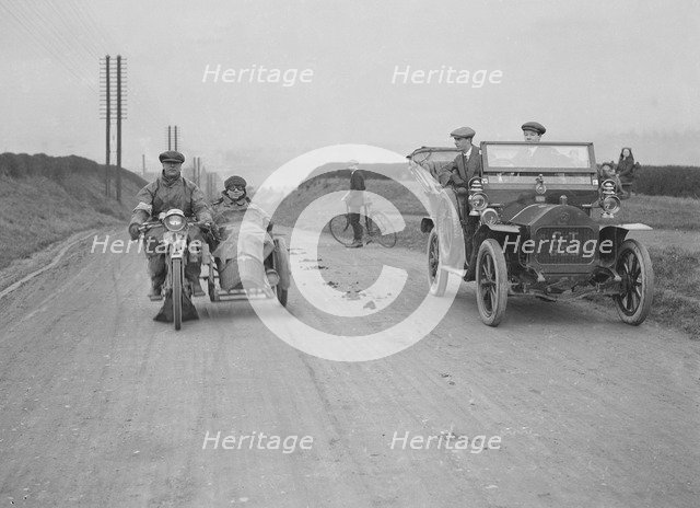 Right: Darracq Vehicle Reg. No.  CT529. . Left: Unidentified motorcycle Artist: Bill Brunell.
