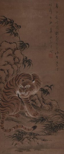 A tiger takes shelter under a rock, 1810. Creator: Kazan; Watanabe (1793-1841).