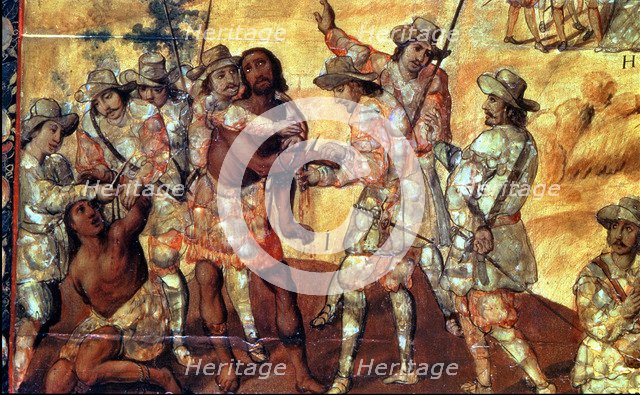 Conquerors cut the hands to two spies of Xicotenca the Younger, detail of a nacred painting, 1698.