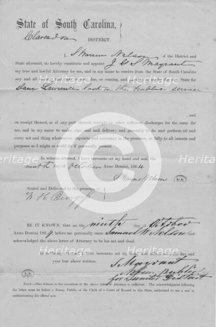 L. Warren Nelson authorizing his Attorney to receive any and all money from the State..., 1864. Creator: Unknown.
