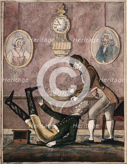 A wealthy patient falls over having a tooth extracted with vigour by a fashionable dentist, 1790. Creator: Unknown.
