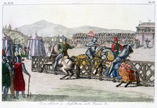 Knights jousting at a tournament, 12th century, (c1815) Artist: Unknown