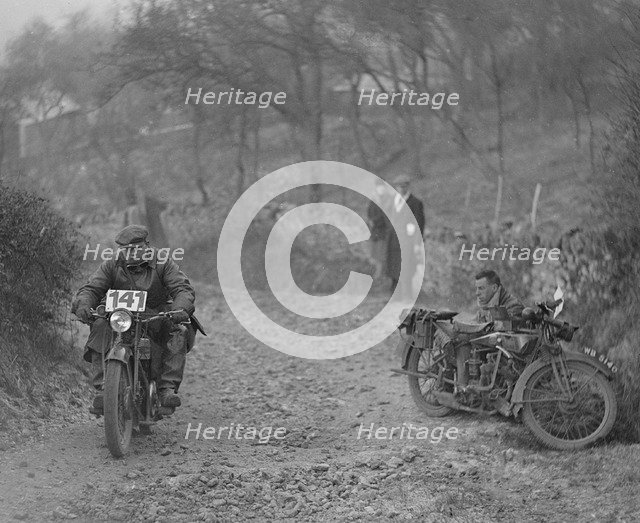 Motorcycle taking part in a trial, c1930s. Artist: Bill Brunell.