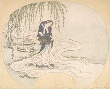 A Woman Stands on a Rock in a Stream Washing Clothes, ca. 1828. Creator: Utagawa Toyokuni II.