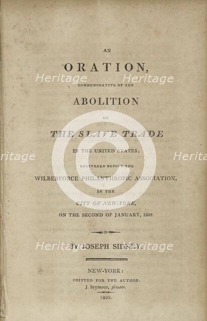 An Oration, Commemorative of the Abolition of the Slave Trade in the United States..., 1809. Creator: Unknown.