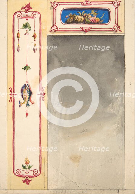 Design for panels framing a mirror decorated with scrolls and clusters of fish and vegetables, 1830- Creators: Jules-Edmond-Charles Lachaise, Eugène-Pierre Gourdet.