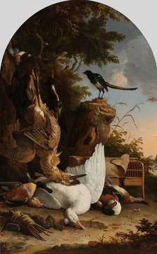 A Hunter’s Bag near a Tree Stump with a Magpie, Known as ‘The Contemplative Magpie’, c.1678. Creator: Melchior d'Hondecoeter.