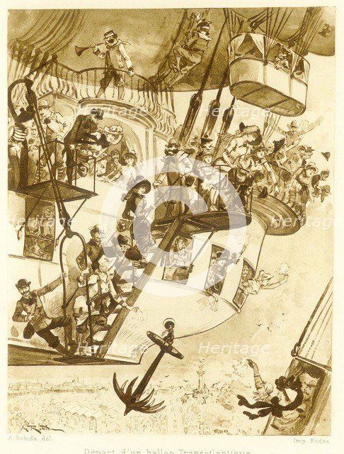 Départ d’un ballon transatlantique, from Le Vingtieme Siecle, pub. 1883 (lithograph), 1883. Creator: Albert Robida (1848 - 1926).