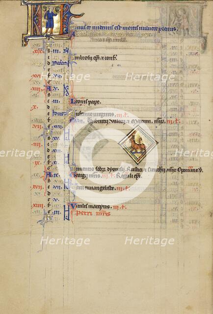 A Man Holding Branch and Bird's Nest: Zodiacal Sign of Taurus; Wenceslaus Psalter, about 1250-1260. Creator: Unknown.