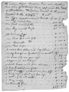 List of slaves, animals, etc and values for each, 1807. Creator: Unknown.