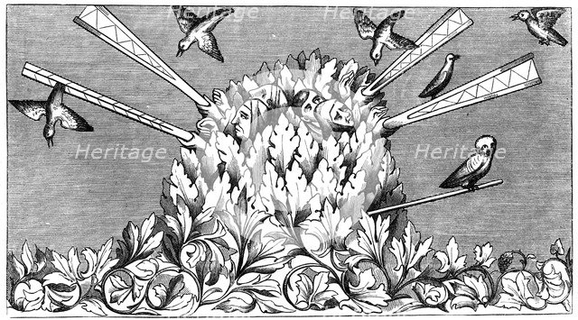 Catching birds, 14th century (1849). Artist: Unknown