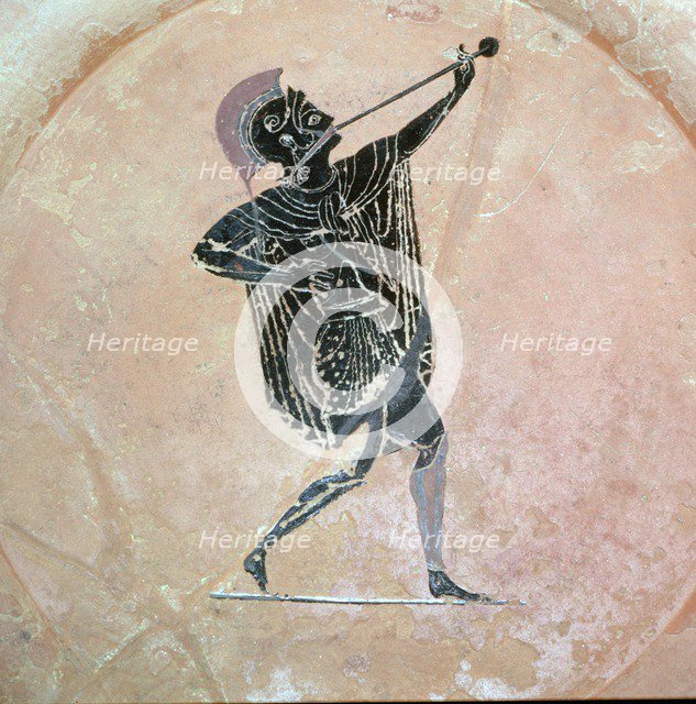 Greek vase painting of a Greek soldier with a trumpet. Artist: Unknown