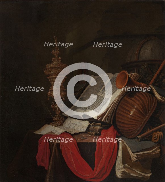 Still life with musical instruments and books (Vanitas). Artist: Vermeulen, Jan (active 1638-1674)