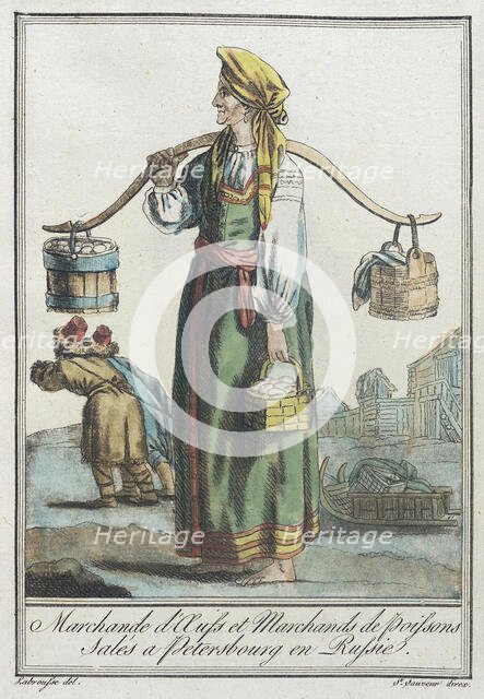 Costumes de Différents Pays, 'Marchande d'Auss et Marchands de Poissons Salés a Peters..., c1797. Creators: Jacques Grasset de Saint-Sauveur, LF Labrousse.
