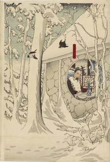 Woodblock print triptych - Gentoku visiting komei in his retreat, in a snowstorm, late 19th century. Artist: Tsukioka Yoshitoshi.