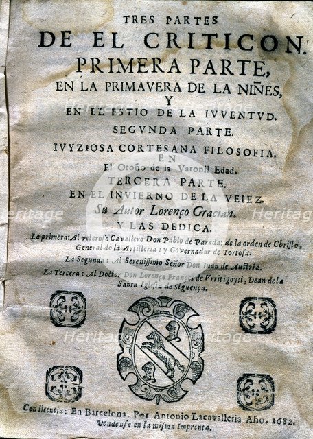 Cover of the first part of 'El Criticón' (The Fault Finder) by Baltasar Gracian, printed edition …