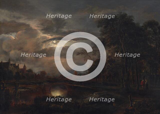 Moonlit Landscape with Bridge, probably 1648/1650. Creator: Aert van der Neer.