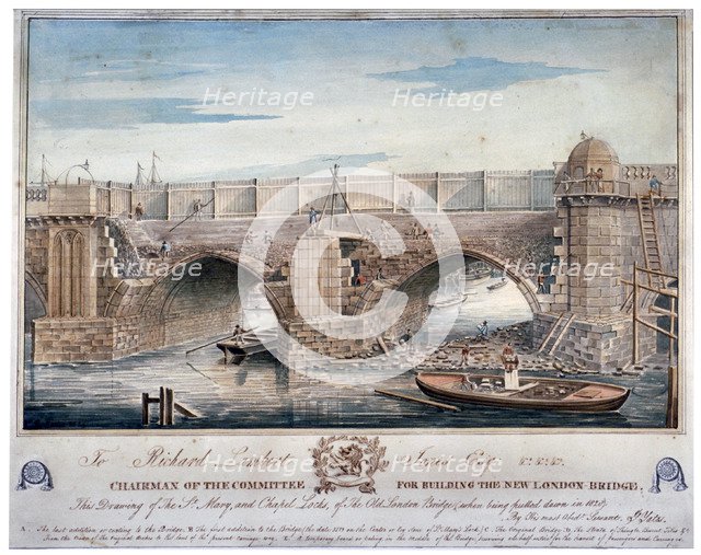St Mary and Chapel Locks being pulled down, London Bridge, 1829.                                     Artist: G Yates