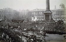 Queen Victoria in Trafalgar Square during her Golden Jubilee celebrations, London, 1887. Artist: Unknown