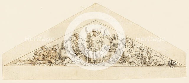 Pedimental Design for a Wren Building, 1741/86. Creator: Grinling Gibbons.