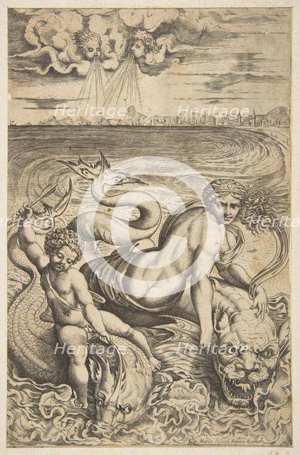 Venus and Cupid riding two sea monsters, Cupid raises an arrow in his right hand, t..., ca. 1515-27. Creator: Marco Dente.