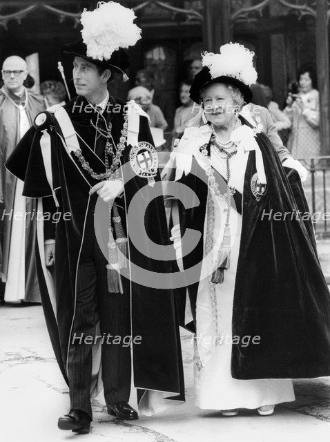 Prince Charles and the Queen Mother leaving St George's Chapel, Garter Ceremony, Windsor, 1977. Creator: Unknown.