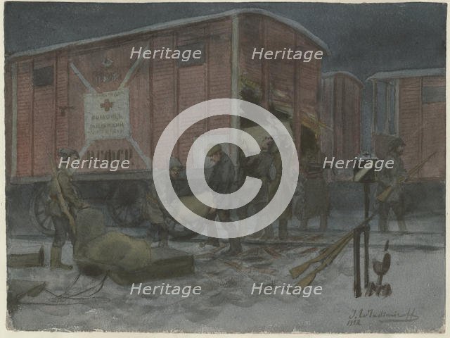 Soldiers plundering a railway wagon (from the series of watercolors Russian revolution), 1922. Artist: Vladimirov, Ivan Alexeyevich (1869-1947)