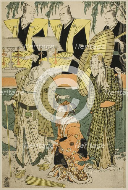 The Actors Bando Matakuro IV as Chubei, Osagawa Tsuneyo II as Umegawa, and Nakamura Katsug..., 1783. Creator: Torii Kiyonaga.