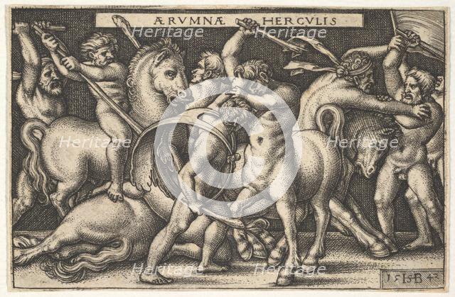 Hercules with his club in center fighting a centaur, other men fighting centaurs to left a..., 1542. Creator: Sebald Beham.