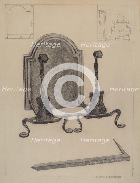 Andirons and Fireback, c. 1936. Creator: Ludmilla Calderon.