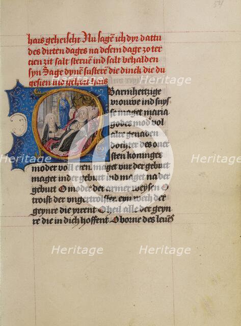 Initial O: A Woman on her Deathbed with the Virgin and Child and Devils; Book of Hours, about 1500. Creator: Workshop of Gerard Horenbout.