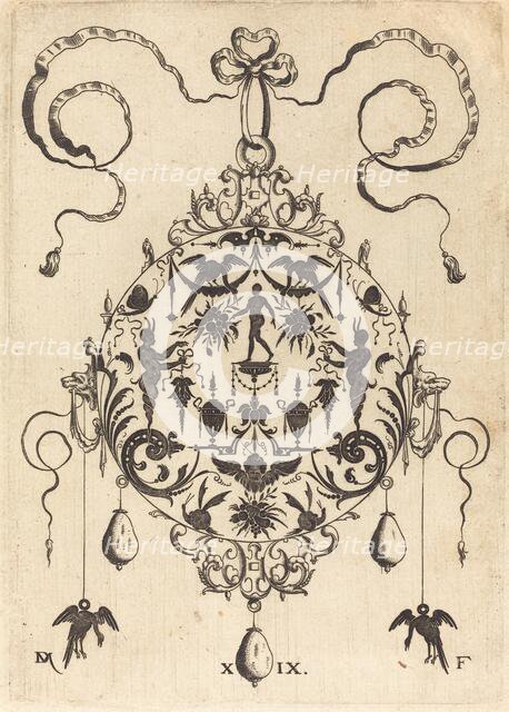 Large Pendant, In Circular Form, Nude Man Flanked by Two Herms, 1596. Creator: Daniel Mignot.