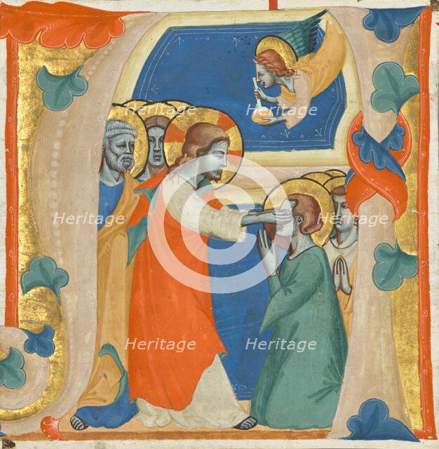 Initial A: Christ Wiping the Tears from the Eyes of the Saved, about 1330-1340. Creator: Master of the Antiphonary of San Giovanni Fuorcivitas.