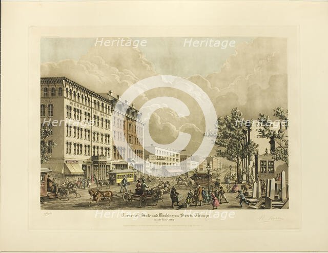 Corner of State and Washington Streets, Chicago, in the Yea..., published June 1928 (1865 depicted). Creator: Raoul Varin.