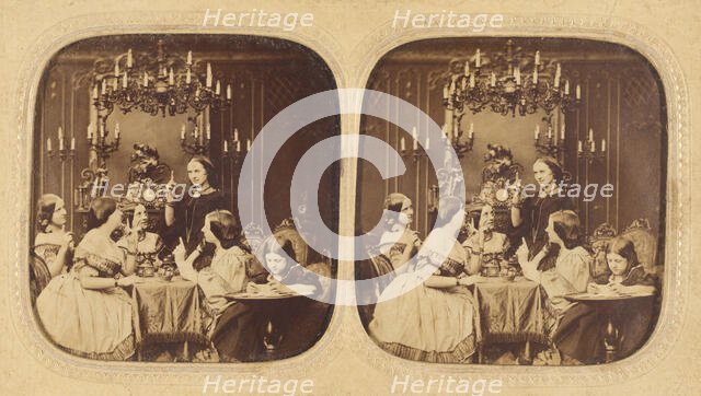 Parlor scene with a group of women and a little girl, 1855-1865. Creator: London Stereoscopic & Photographic Co.