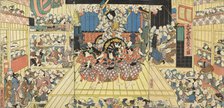 Picture of a Crowded Theater Hosting Performance of Sugawara Denju Tenarai Kagami, 1859. Creator: Utagawa Kunisada.