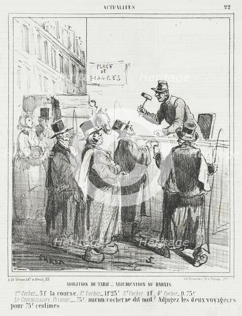 Abolition du tarif - Adjudication au rabais -ler cocher: 3f la course -2em cocher..., 1866. Creator: Cham.