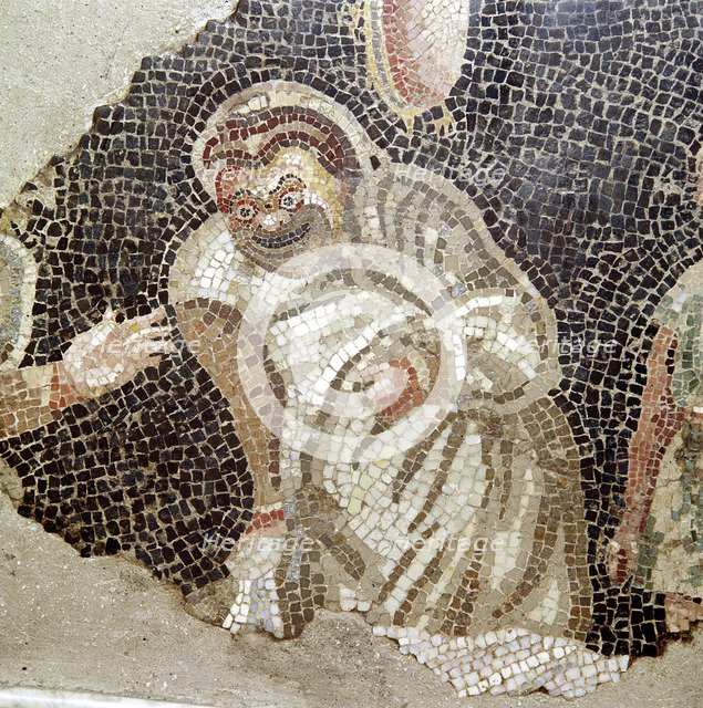 Detail from Roman mosaic of an actor wearing a comic mask, Pompeii, Italy. Creator: Unknown.