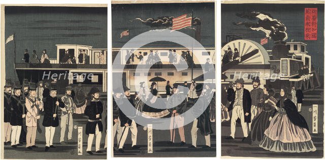 Arrival and Departure of an American Steamship (Amerikakoku jokisha orai), 1861. Creator: Yoshikazu.