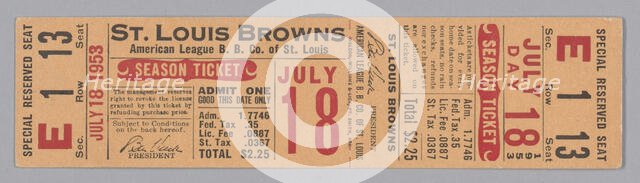 Season ticket for the St. Louis Browns baseball team, 1953. Creator: Unknown.