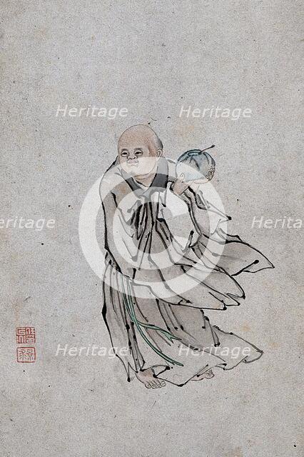 A Chinese man holding a bowl containing a spoon, (between 1800 and 1899?). Creator: Unknown.