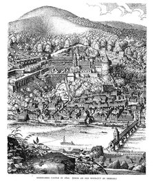 Heidelberg Castle and town viewed across the Neckar river, Germany, in 1620. Artist: Unknown