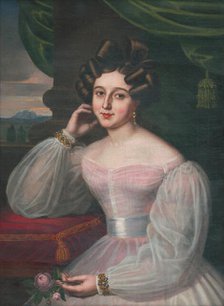 Portrait of a young woman in a pink dress, holding a rose, 1829. Creator: János Rombauer.